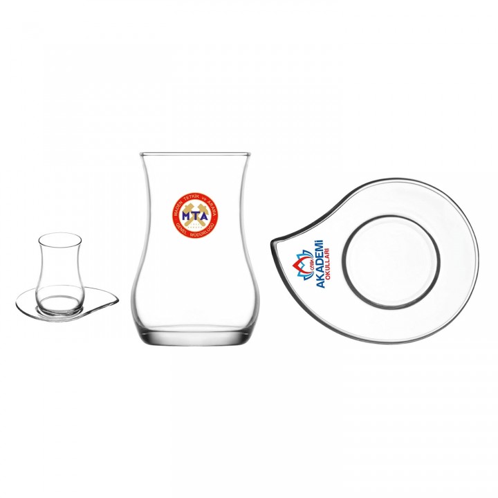 170 cc Logo Baskılı Ajda Cam Çay Bardağı ve Tabağı Seti
